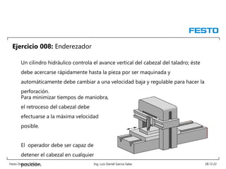Festo Didactic México Ing. Luis Daniel García Salas 28.12.22
Ejercicio 008: Enderezador
Para minimizar tiempos de maniobra,
el retroceso del cabezal debe
efectuarse a la máxima velocidad
posible.
El operador debe ser capaz de
detener el cabezal en cualquier
posición.
Un cilindro hidráulico controla el avance vertical del cabezal del taladro; éste
debe acercarse rápidamente hasta la pieza por ser maquinada y
automáticamente debe cambiar a una velocidad baja y regulable para hacer la
perforación.
 