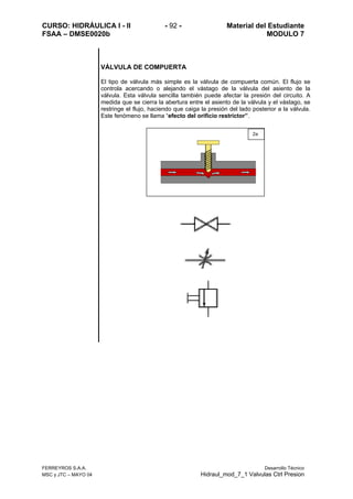 CURSO: HIDRÁULICA I - II - 92 - Material del Estudiante
FSAA – DMSE0020b MODULO 7
FERREYROS S.A.A. Desarrollo Técnico
MSC y JTC – MAYO 04 Hidraul_mod_7_1 Valvulas Ctrl Presion
VÁLVULA DE COMPUERTA
El tipo de válvula más simple es la válvula de compuerta común. El flujo se
controla acercando o alejando el vástago de la válvula del asiento de la
válvula. Esta válvula sencilla también puede afectar la presión del circuito. A
medida que se cierra la abertura entre el asiento de la válvula y el vástago, se
restringe el flujo, haciendo que caiga la presión del lado posterior a la válvula.
Este fenómeno se llama “efecto del orificio restrictor”.
2a
 