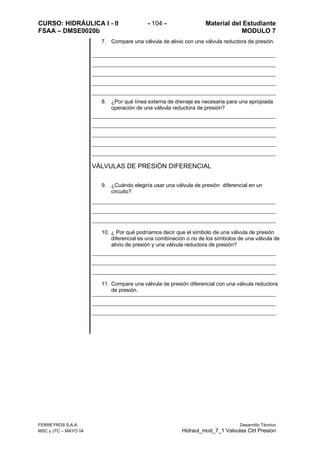 CURSO: HIDRÁULICA I - II - 104 - Material del Estudiante
FSAA – DMSE0020b MODULO 7
FERREYROS S.A.A. Desarrollo Técnico
MSC y JTC – MAYO 04 Hidraul_mod_7_1 Valvulas Ctrl Presion
7. Compare una válvula de alivio con una válvula reductora de presión.
8. ¿Por qué línea externa de drenaje es necesaria para una apropiada
operación de una válvula reductora de presión?
VÁLVULAS DE PRESIÓN DIFERENCIAL
9. ¿Cuándo elegiría usar una válvula de presión diferencial en un
circuito?
10. ¿ Por qué podríamos decir que el símbolo de una válvula de presión
diferencial es una combinación o no de los símbolos de una válvula de
alivio de presión y una válvula reductora de presión?
11. Compare una válvula de presión diferencial con una válvula reductora
de presión.
 