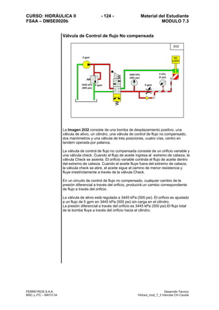 CURSO: HIDRÁULICA II - 124 - Material del Estudiante
FSAA – DMSE0020b MODULO 7.3
FERREYROS S.A.A. Desarrollo Técnico
MSC y JTC – MAYO 04 Hidraul_mod_7_3 Valvulas Ctrl Caudal
Válvula de Control de flujo No compensada
La Imagen 2t32 consiste de una bomba de desplazamiento positivo, una
válvula de alivio, un cilindro, una válvula de control de flujo no compensado,
dos manómetros y una válvula de tres posiciones, cuatro vías, centro en
tandem operada por palanca.
La válvula de control de flujo no compensada consiste de un orificio variable y
una válvula check. Cuando el flujo de aceite ingresa al extremo de cabeza, la
válvula Check se asienta. El orificio variable controla el flujo de aceite dentro
del extremo de cabeza. Cuando el aceite fluye fuera del extremo de cabeza,
la válvula check se abre, el aceite sigue el camino de menor resistencia y
fluye irrestrictamente a través de la válvula Check.
En un circuito de control de flujo no compensado, cualquier cambio de la
presión diferencial a través del orificio, producirá un cambio correspondiente
de flujo a través del orificio.
La válvula de alivio está regulada a 3445 kPa (500 psi). El orificio es ajustado
a un flujo de 5 gpm en 3445 kPa (500 psi) sin carga en el cilindro.
La presión diferencial a través del orificio es 3445 kPa (500 psi) El flujo total
de la bomba fluye a través del orificio hacia el cilindro.
2t32
 