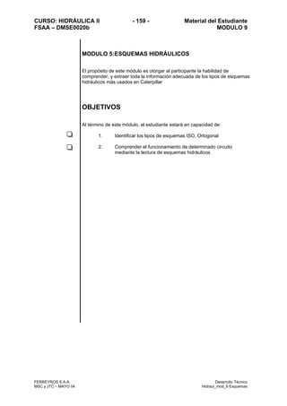 CURSO: HIDRÁULICA II - 159 - Material del Estudiante
FSAA – DMSE0020b MODULO 9
FERREYROS S.A.A. Desarrollo Técnico
MSC y JTC – MAYO 04 Hidraul_mod_9 Esquemas
MODULO 5:ESQUEMAS HIDRÁULICOS
El propósito de este módulo es otorgar al participante la habilidad de
comprender, y extraer toda la información adecuada de los tipos de esquemas
hidráulicos más usados en Caterpillar
OBJETIVOS
Al término de este módulo, el estudiante estará en capacidad de:
1. Identificar los tipos de esquemas ISO, Ortogonal
2. Comprender el funcionamiento de determinado circuito
mediante la lectura de esquemas hidráulicos
 
