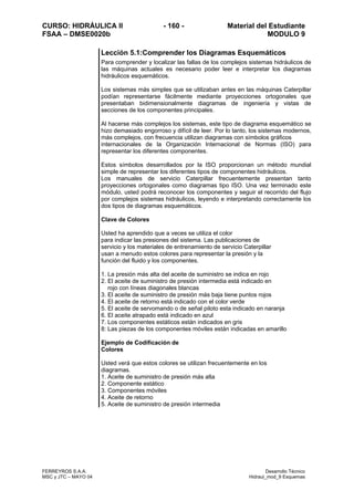 CURSO: HIDRÁULICA II - 160 - Material del Estudiante
FSAA – DMSE0020b MODULO 9
FERREYROS S.A.A. Desarrollo Técnico
MSC y JTC – MAYO 04 Hidraul_mod_9 Esquemas
Lección 5.1:Comprender los Diagramas Esquemáticos
Para comprender y localizar las fallas de los complejos sistemas hidráulicos de
las máquinas actuales es necesario poder leer e interpretar los diagramas
hidráulicos esquemáticos.
Los sistemas más simples que se utilizaban antes en las máquinas Caterpillar
podían representarse fácilmente mediante proyecciones ortogonales que
presentaban bidimensionalmente diagramas de ingeniería y vistas de
secciones de los componentes principales.
Al hacerse más complejos los sistemas, este tipo de diagrama esquemático se
hizo demasiado engorroso y difícil de leer. Por lo tanto, los sistemas modernos,
más complejos, con frecuencia utilizan diagramas con símbolos gráficos
internacionales de la Organización Internacional de Normas (ISO) para
representar los diferentes componentes.
Estos símbolos desarrollados por la ISO proporcionan un método mundial
simple de representar los diferentes tipos de componentes hidráulicos.
Los manuales de servicio Caterpillar frecuentemente presentan tanto
proyecciones ortogonales como diagramas tipo ISO. Una vez terminado este
módulo, usted podrá reconocer los componentes y seguir el recorrido del flujo
por complejos sistemas hidráulicos, leyendo e interpretando correctamente los
dos tipos de diagramas esquemáticos.
Clave de Colores
Usted ha aprendido que a veces se utiliza el color
para indicar las presiones del sistema. Las publicaciones de
servicio y los materiales de entrenamiento de servicio Caterpillar
usan a menudo estos colores para representar la presión y la
función del fluido y los componentes.
1. La presión más alta del aceite de suministro se indica en rojo
2. El aceite de suministro de presión intermedia está indicado en
rojo con líneas diagonales blancas
3. El aceite de suministro de presión más baja tiene puntos rojos
4. El aceite de retorno está indicado con el color verde
5. El aceite de servomando o de señal piloto esta indicado en naranja
6. El aceite atrapado está indicado en azul
7. Los componentes estáticos están indicados en gris
8: Las piezas de los componentes móviles están indicadas en amarillo
Ejemplo de Codificación de
Colores
Usted verá que estos colores se utilizan frecuentemente en los
diagramas.
1. Aceite de suministro de presión más alta
2. Componente estático
3. Componentes móviles
4. Aceite de retorno
5. Aceite de suministro de presión intermedia
 