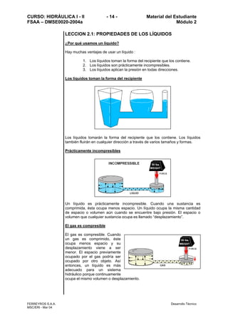 CURSO: HIDRÁULICA I - II - 14 - Material del Estudiante
FSAA – DMSE0020-2004a Módulo 2
FERREYROS S.A.A. Desarrollo Técnico
MSC/ERI - Mar 04
LECCION 2.1: PROPIEDADES DE LOS LÍQUIDOS
¿Por qué usamos un líquido?
Hay muchas ventajas de usar un líquido :
1. Los líquidos toman la forma del recipiente que los contiene.
2. Los líquidos son prácticamente incompresibles.
3. Los líquidos aplican la presión en todas direcciones.
Los líquidos toman la forma del recipiente
Los líquidos tomarán la forma del recipiente que los contiene. Los líquidos
también fluirán en cualquier dirección a través de varios tamaños y formas.
Prácticamente incompresibles
Un líquido es prácticamente incompresible. Cuando una sustancia es
comprimida, ésta ocupa menos espacio. Un líquido ocupa la misma cantidad
de espacio o volumen aún cuando se encuentre bajo presión. El espacio o
volumen que cualquier sustancia ocupa es llamado “desplazamiento”.
El gas es compresible
El gas es compresible. Cuando
un gas es comprimido, éste
ocupa menos espacio y su
desplazamiento viene a ser
menor. El espacio previamente
ocupado por el gas podría ser
ocupado por otro objeto. Así
entonces, un líquido es más
adecuado para un sistema
hidráulico porque continuamente
ocupa el mismo volumen o desplazamiento.
 