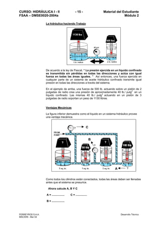 CURSO: HIDRÁULICA I - II - 15 - Material del Estudiante
FSAA – DMSE0020-2004a Módulo 2
FERREYROS S.A.A. Desarrollo Técnico
MSC/ERI - Mar 04
La hidráulica haciendo Trabajo
De acuerdo a la ley de Pascal, “ La presión ejercida en un líquido confinado
es transmitida sin pérdidas en todas las direcciones y actúa con igual
fuerza en todas las áreas iguales. ” Así entonces, una fuerza ejercida en
cualquier parte de un sistema de aceite hidráulico confinado transmite igual
presión en todas las direcciones a través del sistema.
En el ejemplo de arriba, una fuerza de 500 lb. actuando sobre un pistón de 2
pulgadas de radio crea una presión de aproximadamente 40 lb./ pulg2
en un
líquido confinado. Las mismas 40 lb./ pulg2
actuando en un pistón de 3
pulgadas de radio soportan un peso de 1130 libras.
Ventajas Mecánicas
La figura inferior demuestra como el líquido en un sistema hidráulico provee
una ventaja mecánica.
Como todos los cilindros están conectados, todas las áreas deben ser llenadas
antes que el sistema se presurice.
Ahora calcule A, B Y C
A = ................. C = ...............
B = .................
A
B
C
 