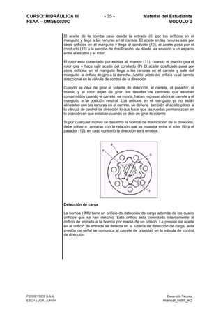 CURSO: HIDRÁULICA III - 35 - Material del Estudiante
FSAA – DMSE0020C MODULO 2
FERREYROS S.A.A. Desarrollo Técnico
ESCH y JGR–JUN 04 manual_hidIII_P2
El aceite de la bomba pasa desde la entrada (6) por los orificios en el
manguito y llega a las ranuras en el carrete. El aceite en las ranuras sale por
otros orificios en el manguito y llega al conducto (10), el aceite pasa por el
conducto (10) a la sección de dosificación de donde es enviado a un espacio
entre el estator y el rotor.
El rotor esta conectado por estrías al mando (11), cuando el mando gira el
rotor gira y hace salir aceite del conducto (7) El aceite dosificado pasa por
otros orificios en el manguito llega a las ranuras en el carrete y sale del
manguito al orificio de giro a la derecha. Aceite piloto del orificio va al carrete
direccional en la válvula de control de la dirección
Cuando se deja de girar el volante de dirección, el carrete, el pasador, el
mando y el rotor dejan de girar, los resortes de centrado que estaban
comprimidos cuando el carrete se movía, hacen regresar ahora el carrete y el
manguito a la posición neutral. Los orificios en el manguito ya no están
alineados con las ranuras en el carrete, se detiene también el aceite piloto a
la válvula de control de dirección lo que hace que las ruedas permanezcan en
la posición en que estaban cuando se dejo de girar la volante
Si por cualquier motivo se desarma la bomba de dosificación de la dirección,
debe volver a armarse con la relación que se muestra entre el rotor (9) y el
pasador (12), en caso contrario la dirección será errática.
Detección de carga
La bomba HMU tiene un orificio de detección de carga además de los cuatro
orificios que se han descrito. Este orificio esta conectado internamente al
orificio de entrada a la bomba por medio de un orificio. La presión de aceite
en el orificio de entrada se detecta en la tubería de detección de carga, esta
presión de señal se comunica al carrete de prioridad en la válvula de control
de dirección.
 