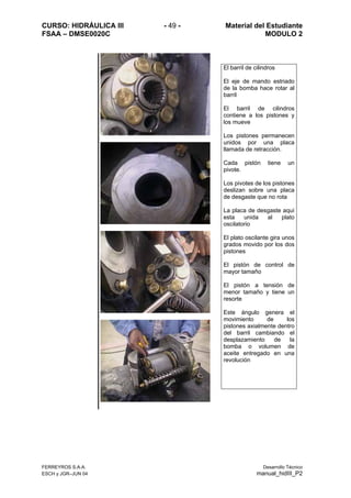CURSO: HIDRÁULICA III - 49 - Material del Estudiante
FSAA – DMSE0020C MODULO 2
FERREYROS S.A.A. Desarrollo Técnico
ESCH y JGR–JUN 04 manual_hidIII_P2
El barril de cilindros
El eje de mando estriado
de la bomba hace rotar al
barril
El barril de cilindros
contiene a los pistones y
los mueve
Los pistones permanecen
unidos por una placa
llamada de retracción.
Cada pistón tiene un
pivote.
Los pivotes de los pistones
deslizan sobre una placa
de desgaste que no rota
La placa de desgaste aquí
esta unida al plato
oscilatorio
El plato oscilante gira unos
grados movido por los dos
pistones
El pistón de control de
mayor tamaño
El pistón a tensión de
menor tamaño y tiene un
resorte
Este ángulo genera el
movimiento de los
pistones axialmente dentro
del barril cambiando el
desplazamiento de la
bomba o volumen de
aceite entregado en una
revolución
 