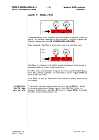CURSO: HIDRÁULICA I - II - 18 - Material del Estudiante
FSAA – DMSE0020-2004a Módulo 2
FERREYROS S.A.A. Desarrollo Técnico
MSC/ERI - Mar 04
Lección 1.1: Efecto orificio
Cuando discutimos sobre hidráulica es común utilizar el término “presión de
bomba “ Sin embargo, la bomba no produce presión. La bomba produce flujo.
Cuando el flujo es restringido, SE INCREMENTA LA PRESIÓN.
En las figuras 1a y 1b el flujo de la bomba a través de la tubería es 1gpm.
En la figura 1a no hay restricción al flujo a través de la tubería. Así entonces, la
lectura de presión es cero en ambos manómetros.
Un orificio ofrece una restricción al flujo de la bomba. Cuando el aceite fluye a
través de un orificio, se produce un incremento de presión ‘Aguas arriba’ del
orificio o antes del mismo.
En la figura 1b, hay una restricción en la tubería (un orificio) entre los dos
manómetros.
EL ORIFICIO
OFRECE UNA
RESTRICCIÓN
El manómetro antes del orificio muestra que una presión de 207 kPa ( 30 psi)
es necesaria para enviar un flujo de 1gpm a través del orificio. No hay otra
restricción al flujo después del orificio. El manómetro ‘Aguas Abajo’ o después
del orificio muestra una presión de 0 psi.
1a
1b
 