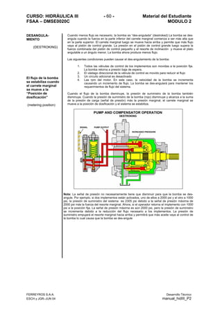 CURSO: HIDRÁULICA III - 60 - Material del Estudiante
FSAA – DMSE0020C MODULO 2
FERREYROS S.A.A. Desarrollo Técnico
ESCH y JGR–JUN 04 manual_hidIII_P2
DESANGULA-
MIENTO
(DESTROKING)
El flujo de la bomba
se estabiliza cuando
el carrete marginal
se mueve a la
“Posición de
dosificación”
(metering position)
Cuando menos flujo es necesario, la bomba es “des-angulada” (destroked) La bomba se des-
angula cuando la fuerza en la parte inferior del carrete marginal comienza a ser más alta que
en la parte superior. El carrete marginal luego se mueve hacia arriba y permite que más flujo
vaya al pistón de control grande. La presión en el pistón de control grande luego supera la
fuerza combinada del pistón de control pequeño y el resorte de inclinación y mueve el plato
angulable a un ángulo menor. La bomba ahora produce menos flujo.
Las siguientes condiciones pueden causar el des-angulamiento de la bomba:
1. Todos las válvulas de control de los implementos son movidas a la posición fija.
La bomba retorna a presión baja de espera.
2. El vástago direccional de la válvula de control es movido para reducir el flujo
3. Un circuito adicional es desactivado
4. Las rpm del motor. En este caso, la velocidad de la bomba se incrementa
causando un incremento de flujo. La bomba se des-angulará para mantener los
requerimientos de flujo del sistema.
Cuando el flujo de la bomba disminuye, la presión de suministro de la bomba también
disminuye. Cuando la presión de suministro de la bomba (rojo) disminuye y alcanza a la suma
de la presión de carga (señal de presión) más la presión marginal, el carrete marginal se
mueve a la posición de dosificación y el sistema se estabiliza.
Nota: La señal de presión no necesariamente tiene que disminuir para que la bomba se des-
angule. Por ejemplo, si dos implementos están activados, uno de ellos a 2000 psi y el otro a 1000
psi, la presión de suministro del sistema es 2305 psi debido a la señal de presión máxima de
2000 psi más la fuerza del resorte marginal. Ahora, si el operador retorna el implemento con 1000
psi a la posición fija. La señal de presión máxima es aún 2000 psi, pero la presión de suministro
se incrementa debido a la reducción del flujo necesario a los implementos. La presión de
suministro empujará el resorte marginal hacia arriba y permitirá que más aceite vaya al control de
la bomba lo cual causa que la bomba se des-angule
 