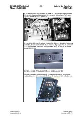 CURSO: HIDRÁULICA II - 86 - Material del Estudiante
FSAA – DMSE0020C MODULO 3
El ECM energiza la válvula piloto ON / OFF (1) y las válvulas proporcionales
(2), también los solenoides de traba de inclinación del cucharón TILT BACK
(1), LIFT RAISE (2) LIFT LOWER (3)
El interruptor de límites de levante (Kickout Set Swich) a la derecha determina
los límites, lleve el cucharón a la altura deseada, deje la palanca de control en
HOLD y presione el interruptor, esto grabara la altura en el ECM, es similar
para ambos límites
SISTEMA DE CONTROL ELECTRÓNICO DE DIAGNOSTICO
Todas las fallas son detectadas en el ECM y mostradas en la pantalla del
modulo del centro de mensajes del Sistema de Monitoreo Caterpillar (centro)
FERREYROS S.A.A. Desarrollo Técnico
ESCH y JGR–JUN 04 manual_hidIII_P3
 