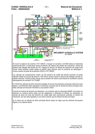 CURSO: HIDRÁULICA II - 91 - Material del Estudiante
FSAA – DMSE0020C MODULO 3
Al mover la palanca de control a TILT BACK o recoger el cucharón, el ECM ordena al solenoide
proporcional abrir y aceite fluye hacia el extremo de cabeza del cilindro de inclinación, aceite del
extremo del vástago del cilindro de TILT regresa al tanque, la válvula de retención de carga Load
Check Valve bloquea aceite desde el cilindro para prevenir que el cucharón se descargue o
mueva cuando se pasa de la posición HOLD a TILT BACK
Las válvulas de compensación (make up) del extremo de varilla del cilindro permiten al aceite
regresar desde el circuito de retorno o del mismo tanque hacia la cámara del vástago cuando su
presión decrece 14 kPa (2 PSI) menos que la presión de retorno previniendo la cavitación cuando
descargamos el cucharón TILT DUMP
En HOLD las válvulas de alivio de línea protegen el circuito de presiones excesivas externas como
golpes, normalmente están reguladas a presiones mayores que la válvula de alivio principal, pero
estas válvulas de línea del Tild están a una presión menor
Cuando los brazos de levante son elevados y el cucharón esta en descarga DUMP, los brazos no
alcanzan su máxima altura hasta que los eslabones Z extiendan el cilindro de inclinación, la
válvula de alivio de línea del extremo de varilla debe abrir permitiendo extender el cilindro de
inclinación, por eso esta regulada a una menor presión que la válvula de alivio principal.
Si no fuera así, la válvula de alivio principal abriría antes sin dejar que los cilindros de levante
lleguen a su máxima altura
FERREYROS S.A.A. Desarrollo Técnico
ESCH y JGR–JUN 04 manual_hidIII_P3
 
