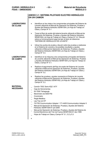CURSO: HIDRÁULICA II - 96 - Material del Estudiante
FSAA – DMSE0020C MODULO 3
ANEXO 3.1: SISTEMA PILOTADO ELECTRO HIDRAÚLICO
EN UN CAMION
.
LABORATORIO
DE CLASE
• Identificar en las vistas a los componentes principales del Sistema de
Levante utilizando el Manual de Operación de Sistemas, Pruebas y
Ajustes del Sistema Hidráulico SENR1504 y la Hoja de Trabajo en
Clase y Campo N° 5.1.
• Trazar el flujo de aceite del sistema levante utilizando el Manual de
Operación de Sistemas, Pruebas y Ajustes del Sistema Hidráulico
SENR1504 y la Hoja de Trabajo en Clase y Campo N° 5.2. Discutir
sobre su funcionamiento luego de leer el texto de referencia
“SISTEMA DE HIDRAULICO DE LEVANTE”.
• Ubicar los puntos de prueba y discutir sobre las pruebas a realizarse
en el Sistema de Levante y los posibles resultados y ajustes
utilizando el Manual de Operación de Sistemas, Pruebas y Ajustes
del Sistema Hidráulico SENR1504 y la Hoja de Trabajo en Clase y
Campo N° 5.3.
LABORATORIO
DE CAMPO
• Identificar en la máquina a los componentes principales del Sistema
de Levante utilizando el Manual de Operación de Sistemas, Pruebas
y Ajustes del Sistema Hidráulico SENR1504 y la Hoja de Trabajo en
Clase y Campo N° 5.1.
• Realizar el seguimiento del flujo de aceite del Sistema de Levante
utilizando el Manual de Operación de Sistemas, Pruebas y Ajustes
del Sistema Hidráulico SENR1504 y la Hoja de Trabajo en Clase y
Campo N° 5.2.
• Realizar las pruebas y ajustes necesarios al Sistema de Levante
utilizando el Manual de Operación de Sistemas, Pruebas y Ajustes
del Sistema Hidráulico SENR1452 y la Hoja de Trabajo en Clase y
Campo N° 5.3.
MATERIAL
NECESARIO
_ Camión 793C Serie 4GZ / ATY
_ Caja de Herramientas
_ 6V-7830 Tetragauge
e 5000 PSI_ Manómetro d
_ Cronómetro
_ Regla Metálica
_ Lap Top con ET
_ 7X1700 Communication Adapter / 171-4400 Communication Adapter II
a de
99
Hojas de Trabajo en Clase y Campo N° 5.1, 5.2 y 5.3
•
_ Manual de Operación de Sistemas, Pruebas y Ajustes del Sistema
Hidráulico SENR1504-01 jan-2000
del Sistem_ Manual de Operación de Sistemas, Pruebas y Ajustes
Control Electrónico del Tren de Fuerza SENR1502-01 dec-19
_
FERREYROS S.A.A. Desarrollo Técnico
ESCH y JGR–JUN 04 manual_hidIII_P3
 