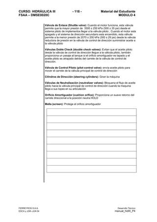CURSO: HIDRÁULICA III - 118 - Material del Estudiante
FSAA – DMSE0020C MODULO 4
FERREYROS S.A.A. Desarrollo Técnico
ESCH y JGR–JUN 04 manual_hidIII_P4
Válvula de Enlace (Shuttle valve): Cuando el motor funciona, esta válvula
permite que la mayor presión de 3500 ± 250 kPa (500 ± 35 psi) desde el
sistema piloto de implementos llegar a la válvula piloto , Cuando el motor esta
apagado y el sistema de dirección secundario esta encendido, esta válvula
permite a la menor presión de 2070 ± 200 kPa (300 ± 29 psi) desde la válvula
reductora de presión en la válvula de control de dirección suministrar aceite a
la válvula piloto
Válvulas Doble Check (double check valves): Evitan que el aceite piloto
desde la válvula de control de dirección llegue a la válvula piloto, también
proporciona un pasaje al tanque si el orificio amortiguador es tapado y el
aceite piloto es atrapado detrás del carrete de la válvula de control de
dirección.
Válvula de Control Piloto (pilot control valve): envía aceite piloto para
mover el carrete de la válvula principal de control de dirección
Cilindros de Dirección (steering cylinders): Giran la máquina
Válvulas de Neutralización (neutralizer valves): Bloquena el flujo de aceite
piloto hacia la válvula principal de control de dirección cuando la maquina
llega a sus topes en su articulación
Orificio Amortiguador (cushion orifice): Proporciona un suave retorno del
carrete direccional a la posición neutra HOLD
Malla (screen): Protege el orificio amortiguador
 