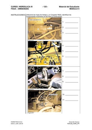 CURSO: HIDRÁULICA III - 125 - Material del Estudiante
FSAA – DMSE0020C MODULO 4
FERREYROS S.A.A. Desarrollo Técnico
ESCH y JGR–JUN 04 manual_hidIII_P4
1
2
3
BOMBA DE IMPLEMENTOS FIJA
Figura 6.3
1. _______________
2. _______________
3. _______________
4
5
6
Figura 6.4
4. _______________
5. _______________
6. _______________
9
78
Figura 6.5
7. _______________
8. _______________
9. _______________
10
11
FRENO DE PARQUEO
Figura 6.6
10. _______________
11. _______________
INSTRUCCIONES Utilizando las hojas de trabajo y un Cargador 992G, identificar los
componentes mostrados en las fotos a continuación
 