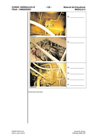 CURSO: HIDRÁULICA III - 126 - Material del Estudiante
FSAA – DMSE0020C MODULO 4
FERREYROS S.A.A. Desarrollo Técnico
ESCH y JGR–JUN 04 manual_hidIII_P4
12
Figura 6.7
12. _______________
13
Figura 6.8
13. _______________
14
16
15
17
Figura 6.9
14. _______________
15. _______________
16. _______________
17. _______________
Anotaciones adicionales:
 