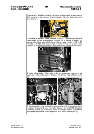 CURSO: HIDRÁULICA III - 147- Material del Estudiante
FSAA – DMSE0020C MODULO 5
En el cargador 950G la bomba de mando del ventilador esta al lado derecho
de la máquina en los engranes de sincronización del motor diesel, tiene una
toma de presión
El enfriador de aceite (1) esta al frente del radiador (2), aquí también vemos el
condensador de aire acondicionado opcional (3), la válvula de desvío (4)
bypass del enfriador de aceite limita la máxima presión dentro a 448 +/- 55
kPa (65 +/- 8 PSI) esta abre cuando el motor arranca por el aceite frío,
conforme el aceite se calienta esta válvula cierra como si fuera un termostato
El motor del ventilador (1) fan motor es del tipo engranajes, este mueve los
alabes del ventilador (2), ingreso de aceite (3), drenaje (4) y salida de aceite
(5)
El filtro de aceite (1) esta sobre el tanque al lado derecho de la máquina, tiene
su válvula de desvío (2) y un interruptor (3) que informa al CMS Caterpillar
Monitoring System que el filtro esta siendo bypaseado, también esta la toma
de muestras de aceite(4) y toma de presión de la bomba de dirección (5)
FERREYROS S.A.A. Desarrollo Técnico
ESCH y JGR–JUN 04 manual_hidIII_P5
 