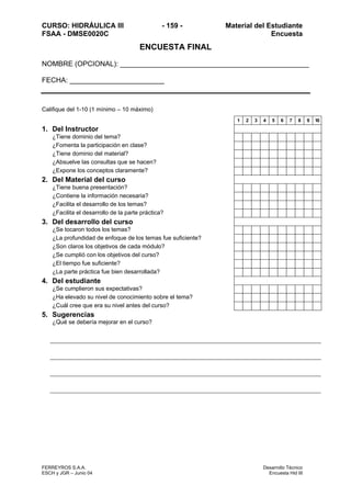 CURSO: HIDRÁULICA III - 159 - Material del Estudiante
FSAA - DMSE0020C Encuesta
ENCUESTA FINAL
NOMBRE (OPCIONAL): ________________________________________________
FECHA: ________________________
Califique del 1-10 (1 mínimo – 10 máximo)
1 2 3 4 5 6 7 8 9 10
1. Del Instructor
¿Tiene dominio del tema?
¿Fomenta la participación en clase?
¿Tiene dominio del material?
¿Absuelve las consultas que se hacen?
¿Expone los conceptos claramente?
2. Del Material del curso
¿Tiene buena presentación?
¿Contiene la información necesaria?
¿Facilita el desarrollo de los temas?
¿Facilita el desarrollo de la parte práctica?
3. Del desarrollo del curso
¿Se tocaron todos los temas?
¿La profundidad de enfoque de los temas fue suficiente?
¿Son claros los objetivos de cada módulo?
¿Se cumplió con los objetivos del curso?
¿El tiempo fue suficiente?
¿La parte práctica fue bien desarrollada?
4. Del estudiante
¿Se cumplieron sus expectativas?
¿Ha elevado su nivel de conocimiento sobre el tema?
¿Cuál cree que era su nivel antes del curso?
5. Sugerencias
¿Qué se debería mejorar en el curso?
FERREYROS S.A.A. Desarrollo Técnico
ESCH y JGR – Junio 04 Encuesta Hid III
 