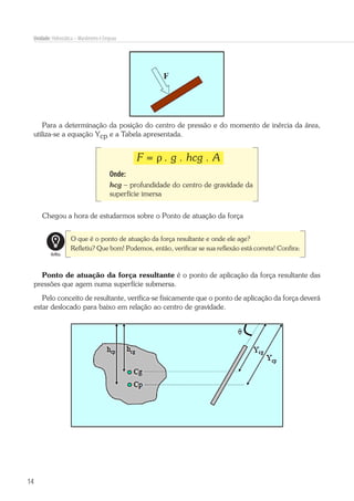 14
Unidade: Hidrostática – Manômetro e Empuxo
Para a determinação da posição do centro de pressão e do momento de inércia da área,
utiliza-se a equação Ycp e a Tabela apresentada.
F = ρ . g . hcg . A
Onde:
hcg – profundidade do centro de gravidade da
superfície imersa
Chegou a hora de estudarmos sobre o Ponto de atuação da força
Reflita
O que é o ponto de atuação da força resultante e onde ele age?
Refletiu? Que bom! Podemos, então, verificar se sua reflexão está correta! Confira:
Ponto de atuação da força resultante é o ponto de aplicação da força resultante das
pressões que agem numa superfície submersa.
Pelo conceito de resultante, verifica-se fisicamente que o ponto de aplicação da força deverá
estar deslocado para baixo em relação ao centro de gravidade.
 
