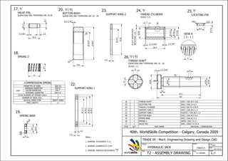 VIEW A
( 2 : 1 )
S45C / DIA 26 X 102THREAD SHAFT126
SS41 / DIA 2 X 6.5LOCATING PIN125
S45C/ DIA 22 X 36.5THREAD CYLINDER124
SPCC / DIA 28 X 1.5SUPPORT RING 2123
PLASTIC / DIA 28 X 1.5SUPPORT RING 1122
S35C / DIA 30 X 9.4BOTTOM BUSH120
SPCC / DIA 8.5 X 2SPRING BASE119
SWPA / DIA 7 X 11SPRING 2118
S40C / DIA3.7 X 10.5VALVE PIN117
MATERIAL / DIMENSIONSPART NAMEQTYITEM
A
ITSNA A.F.
Name
T2 - ASSEMBLY DRAWING 6 /7
Task
Project
HYDRAULIC JACK
Time
5.5 HOURS
Sheet
Scale
Units
mm
40th. WorldSkills Competition - Calgary, Canada 2009
TRADE 05 : Mech. Engineering Drawing and Design CAD
worldskills
OUTER DIAMETER
INTERNAL DIAMETER
COMPRESSION SPRING
AVERAGE DIAMETER
DIA 6.4
DIA 7
DIA 6.7
COIL
Notes :
1. GENERAL TOLERANCE 0.2
2. GENERAL CHAMFER 0.3 X 45
3. GENERAL SURFACE ROUGHNESS
18.
SPRING 2
22.
SUPPORT RING 1
19.
SPRING BASE
20.
BOTTOM BUSH
QUENCHING AND TEMPERING HRC 26 - 28
23.
SUPPORT RING 2
25.
LOCATING PIN
24.
THREAD CYLINDER
(SCALE 1:1)
26.
THREAD SHAFT
QUENCHING AND TEMPERING HRC 26 - 28
(SCALE 1:1)
2:1 (1:1)
17.
VALVE PIN,
QUENCHING AND TEMPERING HRC 26-28
N8
10.5
2.5
3.7
3
1 X 45
7
11
DIAMETER OF WIRE DIA 0.6
TOTAL NUMBER OF SPRING COILS 7
NUMBER OF BASE COIL 2
HELICAL DIRECTION RIGHT HAND
FREE LENGTH 11
2
0.3
4
8.5
R0.8
9.4
R1.5
21H7
30f7
0.5 X 45
N8 N6
( )
N6
21.2
24.5
26.5
29.2
2.3
1.5
19.2
1.5
28
N8
22t6
36.5
2H7(WHENASSY
WITHPART15)
2 X 451.5 X 45
20
7
14.5
18.5
4
N8
6.5
2r6
R3S R3S
18
14
102
8
8
N10 N8
( )
26
R6
93.5
1.5 X 45
3
4
14
N8
N10
 