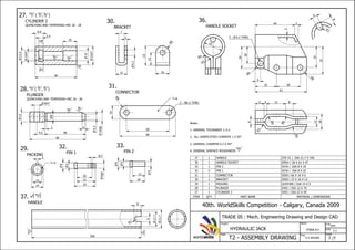 STK 51 / DIA 21.7 X 550HANDLE137
SPDH / 28 X 61 X 47HANDLE SOCKET136
SV34 / DIA 8 X 18PIN 2133
SV34 / DIA 8 X 25PIN 1232
SS50 / 66 X 16 X 6CONNECTOR131
SS50 / 23 X 16 X 13BRACKET130
LEATHER / DIA 14 X 5PACKING129
S45C / DIA 12 X 70PLUNGER128
S45C / DIA 22 X 49CYLINDER 2127
MATERIAL / DIMENSIONSPART NAMEQTYITEM
ITSNA A.F.
Name
T2 - ASSEMBLY DRAWING 7 /7
Task
Project
HYDRAULIC JACK
Time
5.5 HOURS
Sheet
Scale
Units
mm
40th. WorldSkills Competition - Calgary, Canada 2009
TRADE 05 : Mech. Engineering Drawing and Design CAD
worldskills
Notes :
1. GENERAL TOLERANCE 0.2
2. ALL UNSPECIFIED CHAMFER 1 X 45
3. GENERAL CHAMFER 0.3 X 45
4. GENERAL SURFACE ROUGHNESS
1:1
27.
CYLINDER 2
QUENCHING AND TEMPERING HRC 26 - 28
N10
( , )
N8 N6
49
10H7
22e7
12
13.5
9.4
5.4
16
N8
N8
N8
N8N6
N8
28.
PLUNGER
QUENCHING AND TEMPERING HRC 26 - 28
N10
( , )
N8 N6
66
489.5
2 4
12
10g6
6.5
9
6H7
N8
N6
29.
PACKING
2
14
10
T=5
30.
BRACKET
13 16
23
15
R8
3
7
6.2
31.
CONNECTOR
16
50
66
R8
- 6.2 THRU
T=6
32.
PIN 1
6
8
25
22
18
2
6g6
33.
PIN 2
6
8
18
6
15
N10
36.
HANDLE SOCKET
20
26
25
33
44 3
R6
6
25 28
61
R8
R3
6
8
3 - 6.2 THRU
12
18
6
R3
11 4 21 8
R4
R4
R4
22
R4
R3
3
37.
HANDLE
550
R3
8
6
N10
( )
21.7
17.7
N10
N10
 