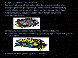  Injap Kili Sebadan Dan Cantuman
Dua atau lebih injap kili boleh digunakan dalam satu kumpulan injap
untuk pengendalian pelbagai fungsi. Pembinaan injap kili bergantung
kepada bilangan cantuman injap dalam operasi. Susunan untuk injap
yang mempunyai 3 kedudukan boleh dibuat dengan banyak cara
seperti rajah di bawah.
Rajah di atas menunjukkan Injap Kili Jenis Cantuman Sebadan
Rajah di bawah menunjukkan Beberapa gelendung injap yang dipasang dalam
satu bongkah.
Rajah di atas menunjukkan Injap Kili Cantuman
 