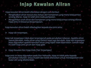 Injap kawalan aliran boleh dilaraskan dengan cara berikut:
• Menghadkan aliran masuk atau keluar dari komponen yang mana kelajuannya
senang dilaras. Injap ini ialah jenis tiada pampasan.
• Mengalihkan arah aliran dari komponen yang mana kelajuannya senang dilaras.
Injap jenis ini biasanya berpampasan.
Injap kawalan aliran boleh dibahagikan kepada dua jenis iaitu;
 Injap tak terpampas
Injap tak terpampas tidak akan terpengaruh pada perubahan tekanan. Apabila aliran
masuk berubah, maka aliran yang melalui injap juga berubah. Injap tak terpampas
biasa digunakan apabila kawalan aliran yang tepat tidak diperlukan. Contoh injap
ini ialah injap jenis jarum dan injap glob.
 Injap Kawalan Dan Injap Glob (Tak Terpampas)
Injap jenis ini biasa digunakan pada litar hidraulik. Injap ini tidak peka kepada
perubahan tekanan. Ianya mudah dan boleh dilaraskan untuk mendapatkan nilai
kadar alir yang dikehendaki.
 