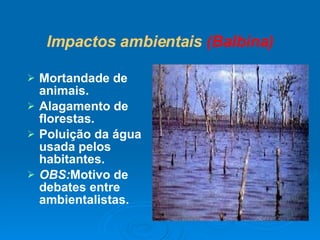 Impactos ambientais  (Balbina) Mortandade de animais. Alagamento de florestas. Poluição da água usada pelos habitantes. OBS: Motivo de debates entre ambientalistas.   