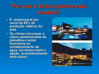 Por que o Brasil prefere este modelo?   É  responsável por cerca de 85% da produção  elétrica do país . Os climas chuvosos, o relevo predominante de planaltos e solos favoráveis ao armazenamento de água, faz desta matriz a opção  economicamente mais viável .  