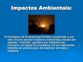 Impactos Ambientais: O Complexo de Urubupungá foi bem construído e, por isso, trouxe poucos impactos ambientais, exceto por aqueles “normais” gerados por hidrelétricas. Inclusive, na região do complexo, há um importante trabalho de preservação de espécies animais e vegetais. 
