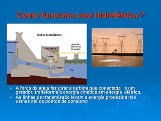 Como funciona uma hidrelétrica ? A força da água faz girar a turbina que conectada  a um gerador, transforma a energia cinética em energia  elétrica.  As linhas de transmissão levam a energia produzida nas usinas até os pontos de consumo  