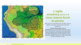 A região
amazônica possui o
maior sistema fluvial
do planeta.
Mais de 100 mil quilômetros de rios, riachos,
igapós, várzeas e outros tipos de áreas
alagáveis.
A bacia hidrográfica do rio
Amazonas ocupa uma área total da ordem
de 6.110.000 km². Esta bacia continental se
estende sobre vários países da América do
Sul: Brasil (63%), Peru (17%), Bolívia (11%),
Colômbia (5,8%), Equador (2,2%),Venezuela
(0,7%) e Guiana (0,2%).
11/10/2015 Hidrelétricas e Desenvolvimento Sustentável.13
 