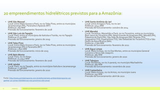 20 empreendimentos hidrelétricos previstos para a Amazônia:
• UHE São Manoel
Local: entre Mato Grosso e Pará, no rioTeles Pires, entre os municípios
Jacareacanga (PA), Paranaíta e Apiacás (MT)
Potência: 700 MW
Previsão de funcionamento: fevereiro de 2018
• UHE São Luiz doTapajós
Local: Pará, entre os municípios de Itaituba eTrairão, no rioTapajós
Potência: 6.133 MW
Previsão de funcionamento: janeiro de 2019
• UHETeles Pires
Local: Entre Mato Grosso e Pará, no rioTeles Pires, entre os municípios
Jacareacanga (PA) e Paranaíta (MT)
Potência: 1.820 MW
Previsão de funcionamento: início de 2015
• UHE Belo Monte
Local: Pará, no rio Xingu
Potência: 11.233,1 MW
Previsão de funcionamento: fevereiro de 2016
• UHE Jatobá
Local: Pará, no rioTapajós, entre os municípios Itaituba e Jacareacanga
Potência: 2.338 MW
Previsão de funcionamento: janeiro de 2020
• UHE Santo Antônio do Jari
Local: entre Amapá e Pará, no rio Jari
Potência: 373,4 MW
Previsão de funcionamento: outubro de 2014
• UHE Marabá
Local:Tocantins, Maranhão e Pará, no rioTocantins, entre os municípios
Bom Jesus doTocantins (PA), Brejo Grande doAraguaia (PA), Marabá (PA),
Palestina do Pará (PA), São João do Araguaia (PA), Ananás (TO),
Araguatins (TO), Esperantina (TO), São Sebastião doTocantins (TO) e São
Pedro da Água Branca (MA).
Potência: 2.160 MW
Previsão de funcionamento: fevereiro de 2022
• UHEÁgua Limpa
Local: Mato Grosso, no rio Das Mortes, entre os municípios General
Carneiro e Novo São Joaquim.
Potência: 380 MW
Previsão de funcionamento: janeiro de 2020
• UHETabajara
Local: Rondônia, no rio Ji-paraná, no município Machadinho
Potência: 380 MW
Previsão de funcionamento: novembro de 2020
• UHE Castanheira
Local: Mato Grosso, no rio Arinos, no município Juara
Potência: 192 MW
Previsão de funcionamento: abril de 2021
11/10/2015 Hidrelétricas e Desenvolvimento Sustentável.22
Fonte: http://www.portalamazonia.com.br/editoria/meio-ambiente/amazonia-vai-
ganhar-20-usinas-hidreletricas-nos-proximos-oito-anos/
 