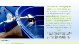 Ao entrar pela tubulação para
abastecer a caixa, a água que
vem da rua é pressurizada ao
sistema gerador de energia,
passando para a miniusina, que
irá gerar nova energia, que por
sua vez será levada para os fios
elétricos, que se transformará a
energia de 12V em 110/220V e
a acumulará para abastecer o
local.
A caixa d'água com os dois fios
elétricos que a conectam à
miniusina, transmitindo
a energia gerada a toda a casa.
11/10/2015 Hidrelétricas e Desenvolvimento Sustentável.29
Fonte: FAPERJ
 