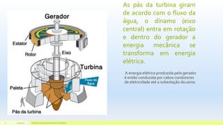 As pás da turbina giram
de acordo com o fluxo da
água, o dínamo (eixo
central) entra em rotação
e dentro do gerador a
energia mecânica se
transforma em energia
elétrica.
A energia elétrica produzida pelo gerador
é então conduzida por cabos condutores
de eletricidade até a subestação da usina.
11/10/2015 Hidrelétricas e Desenvolvimento Sustentável.6
 
