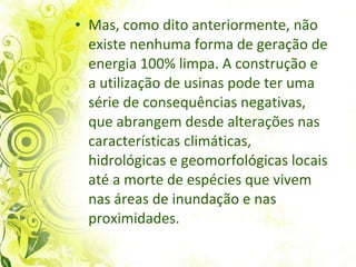 Mas, como dito anteriormente, não existe nenhuma  forma de geração de energia 100% limpa. A   construção e a utilização de usinas pode ter uma série de consequências negativas, que abrangem desde alterações nas características climáticas, hidrológicas e geomorfológicas locais até a morte de espécies que vivem nas áreas de inundação e nas proximidades.  