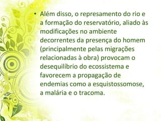 Além disso, o represamento do rio e a formação do reservatório, aliado às modificações no ambiente decorrentes da presença do homem (principalmente pelas migrações relacionadas à obra) provocam o desequilíbrio do ecossistema e favorecem a propagação de endemias como a esquistossomose, a malária e o tracoma.  