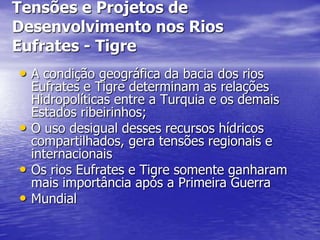 Tensões e Projetos de
Desenvolvimento nos Rios
Eufrates - Tigre
• A condição geográfica da bacia dos rios
  Eufrates e Tigre determinam as relações
  Hidropolíticas entre a Turquia e os demais
  Estados ribeirinhos;
• O uso desigual desses recursos hídricos
  compartilhados, gera tensões regionais e
  internacionais
• Os rios Eufrates e Tigre somente ganharam
  mais importância após a Primeira Guerra
• Mundial
 