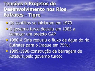 Tensões e Projetos de
Desenvolvimento nos Rios
Eufrates - Tigre
• Os conflitos se iniciaram em 1970
• O governo turco decidiu em 1983 a
  começar um projeto-GAP
• 1980-A Síria reduziu o fluxo de água do rio
  Eufrates para o Iraque em 75%;
• 1989-1990-construção da barragem de
  Attatürk,pelo governo turco;
 