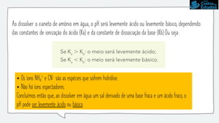 Ao dissolver o cianeto de amônio em água, o pH será levemente ácido ou levemente básico, dependendo
das constantes de ionização do ácido (Ka) e da constante de dissociação da base (Kb).Ou seja:
• Os íons NH4
+ e CN- são as espécies que sofrem hidrólise.
• Não há íons espectadores.
Concluímos então que, ao dissolver em água um sal derivado de uma base fraca e um ácido fraco, o
pH pode ser levemente ácido ou básico.
 