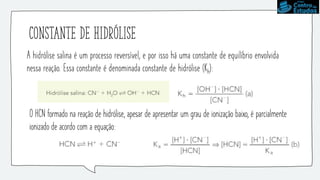 Constante de hidrólise
A hidrólise salina é um processo reversível, e por isso há uma constante de equilíbrio envolvida
nessa reação. Essa constante é denominada constante de hidrólise (Kh):
O HCN formado na reação de hidrólise, apesar de apresentar um grau de ionização baixo, é parcialmente
ionizado de acordo com a equação:
 