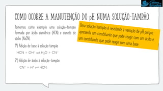 Como ocorre a manutenção do pH numa solução-tampão
Tomemos como exemplo uma solução-tampão
formada por ácido cianídrico (HCN) e cianeto de
sódio (NaCN).
1ª) Adição de base à solução–tampão
2ª) Adição de ácido à solução-tampão
 