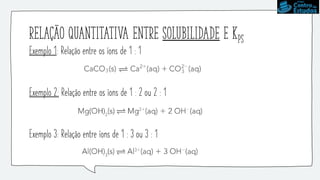 Relação quantitativa entre solubilidade e Kps
Exemplo 1: Relação entre os íons de 1 : 1
Exemplo 2: Relação entre os íons de 1 : 2 ou 2 : 1
Exemplo 3: Relação entre íons de 1 : 3 ou 3 : 1
 