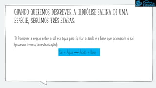 Quando queremos descrever a hidrólise salina de uma
espécie, seguimos três etapas:
1) Promover a reação entre o sal e a água para formar o ácido e a base que originaram o sal
(processo inverso à neutralização):
Sal + Água → Ácido + Base
 