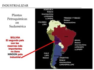 INDUSTRIALIZAR Plantas  Petroquímicas en   Sudam érica BOLIVIA El segundo país  con las  reservas más  importantes no tiene NINGÚN  polo industrial 