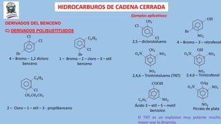 HIDROCARBUROS DE CADENA CERRADA
DERIVADOS DEL BENCENO
C) DERIVADOS POLISUSTITUIDOS
1 – Bromo – 2 – cloro – 3 – etil
benceno
Ejemplos aplicativos:
2,5 – diclorotolueno
2,4,6 – Trinitrotolueno (TNT)
Cl
Cl
1
2
Br
4 – Bromo – 1,2 dicloro
benceno
C2H5
Cl
2
1
CH2CH2CH3
C2H5
Cl
2
1
Br
2 – Cloro – 1 – etil – 3 - propilbenceno
4
CH3
Cl 1
2
Cl
5
4 – Bromo – 3 – nitrofenol
NO2
OH
1
3
Br
4
OH
NO2
1
2
NO2
O2N
4
6
CH3
NO2
1
2
NO2
O2N
4
6
2,4,6 – Trinitrofenol
OAg
NO2
1
2
NO2
O2N
4
6
COOH
NO2
1
2
C2H5
4
6
3
Ácido 3 – etil – 5 – metil
benzoico Picrato de plata
El TNT es un explosivo muy potente mucho
mayor que la dinamita.
 