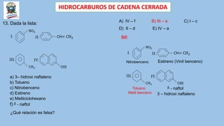 HIDROCARBUROS DE CADENA CERRADA
13. Dada la lista:
a) 3– hidroxi naftaleno
b) Tolueno
c) Nitrobenceno
d) Estireno
e) Metilciclohexano
f) ᵝ - naftol
¿Qué relación es falsa?
A) IV – f B) III – e C) I – c
D) II – d E) IV – a
CH= CH2
OH
CH3
NO2
I. II.
III. IV.
CH= CH2
OH
CH3
NO2
I. II.
III. IV.
Sol:
Nitrobenceno Estireno (Vinil benceno)
Tolueno
Metil benceno
ᵝ - naftol
3 – hidroxi naftaleno
 