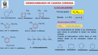 HIDROCARBUROS DE CADENA CERRADA
Ciclo ciclopropilpentano Ciclo 1,1 - dimetilbutano
𝐶𝐻3
𝐶𝐻3
1
2
3
4
𝐶𝐻3
1
4
3
2
𝐶𝐻3
Ciclo 1,2 - dimetilbutano
𝐶𝐻3 𝐶𝐻2𝐶𝐻3
1
2
3
4 5
Ciclo 1 – etil – 3 – metilpentano
𝐶𝐻2𝐶𝐻3
𝐶𝐻3
𝐶𝐻3
1
2
3 4
5
6
Ciclo 1,2 – dimetil – 3 –etilhexano
𝐶𝐻2𝐶𝐻3
𝐶𝐻2𝐶𝐻2𝐶𝐻3
𝐶𝐻3
4
3
2 1
5
5
Ciclo 1– etil – 3 – metil – 5 – propilhexano
CH3 – CH – CH2 – CH2 – CH3
|
5
4
2
1 3
2 – ciclopropilpentano
b) CICLOALQUENOS
Fórmula global: Cn H2n - 2
Donde: n = # C n = ˃ 2
Nomenclatura IUPAC
Ciclo … nombre del alqueno
La nomenclatura es similar a los cicloalcanos,
pero ahora la prioridad lo tienen los dobles
enlaces.
Cuando el hidrocarburo cíclico tiene un solo
enlace doble no es necesario indicar su
posición.
ciclopropeno ciclobuteno ciclopenteno ciclohexeno
 