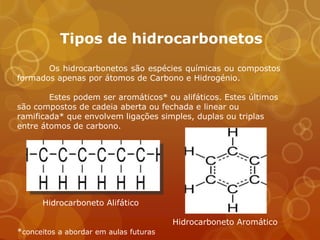 Tipos de hidrocarbonetos
       Os hidrocarbonetos são espécies químicas ou compostos
formados apenas por átomos de Carbono e Hidrogénio.

        Estes podem ser aromáticos* ou alifáticos. Estes últimos
são compostos de cadeia aberta ou fechada e linear ou
ramificada* que envolvem ligações simples, duplas ou triplas
entre átomos de carbono.




      Hidrocarboneto Alifático

                                        Hidrocarboneto Aromático
*conceitos a abordar em aulas futuras
 