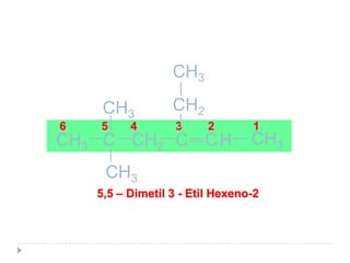 Para cadeias ramificadas:
6 5 4 3 2 1
5,5 – Dimetil 3 - Etil Hexeno-2
CH3
C CH2 CCH3 H CH3C
CH3
CH3
CH2
 