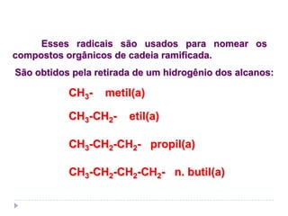 CH3- metil(a)
CH3-CH2- etil(a)
CH3-CH2-CH2-CH2- n. butil(a)
CH3-CH2-CH2- propil(a)
Radicais livres
São obtidos pela retirada de um hidrogênio dos alcanos:
Esses radicais são usados para nomear os
compostos orgânicos de cadeia ramificada.
 