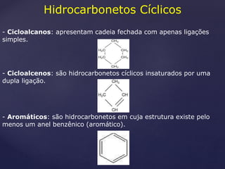 Hidrocarbonetos Cíclicos 
- Cicloalcanos: apresentam cadeia fechada com apenas ligações 
simples. 
- Cicloalcenos: são hidrocarbonetos cíclicos insaturados por uma 
dupla ligação. 
- Aromáticos: são hidrocarbonetos em cuja estrutura existe pelo 
menos um anel benzênico (aromático). 
 
